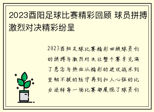 2023酉阳足球比赛精彩回顾 球员拼搏激烈对决精彩纷呈