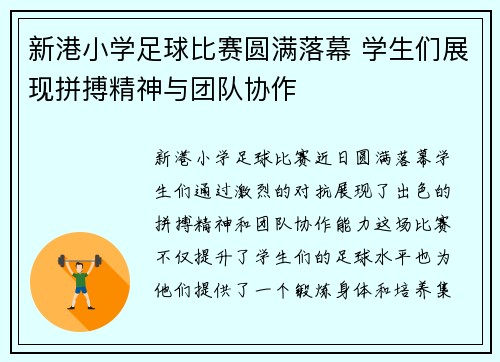 新港小学足球比赛圆满落幕 学生们展现拼搏精神与团队协作