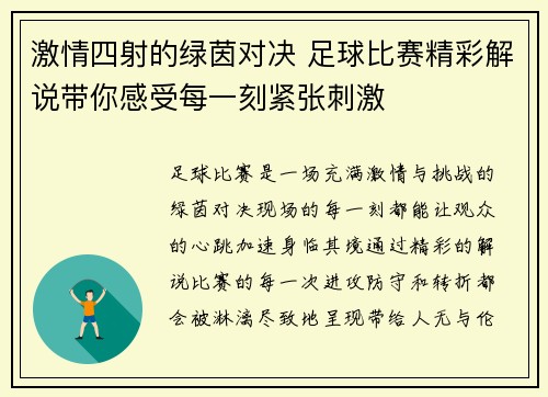 激情四射的绿茵对决 足球比赛精彩解说带你感受每一刻紧张刺激