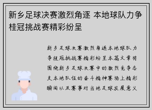 新乡足球决赛激烈角逐 本地球队力争桂冠挑战赛精彩纷呈