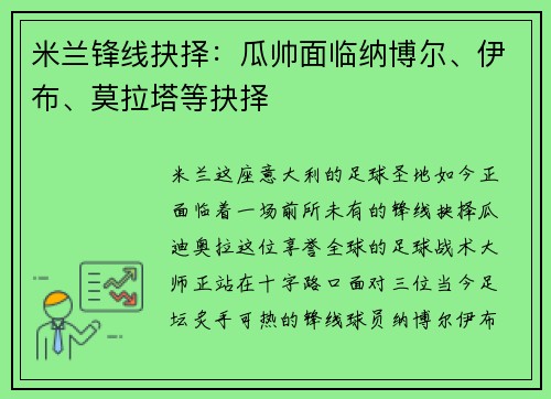米兰锋线抉择：瓜帅面临纳博尔、伊布、莫拉塔等抉择
