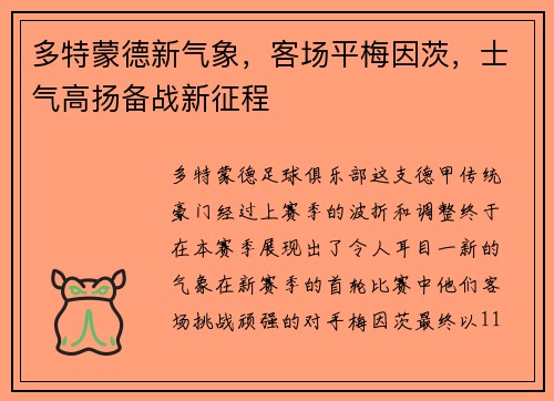 多特蒙德新气象，客场平梅因茨，士气高扬备战新征程