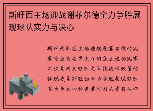 斯旺西主场迎战谢菲尔德全力争胜展现球队实力与决心