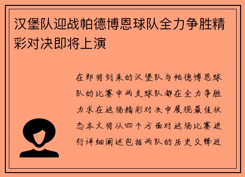 汉堡队迎战帕德博恩球队全力争胜精彩对决即将上演