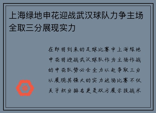 上海绿地申花迎战武汉球队力争主场全取三分展现实力