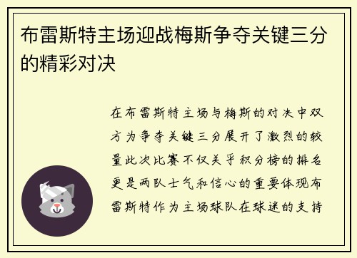 布雷斯特主场迎战梅斯争夺关键三分的精彩对决