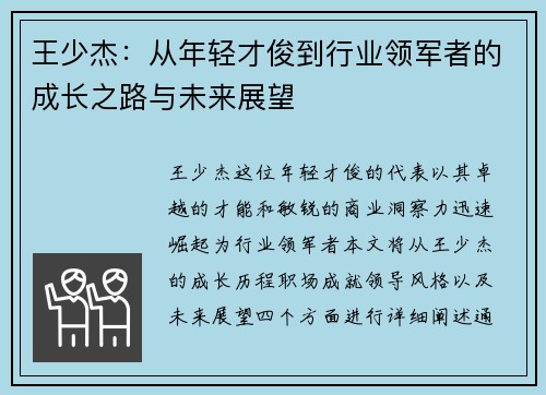 王少杰：从年轻才俊到行业领军者的成长之路与未来展望