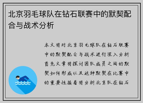 北京羽毛球队在钻石联赛中的默契配合与战术分析