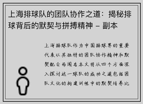 上海排球队的团队协作之道：揭秘排球背后的默契与拼搏精神 - 副本